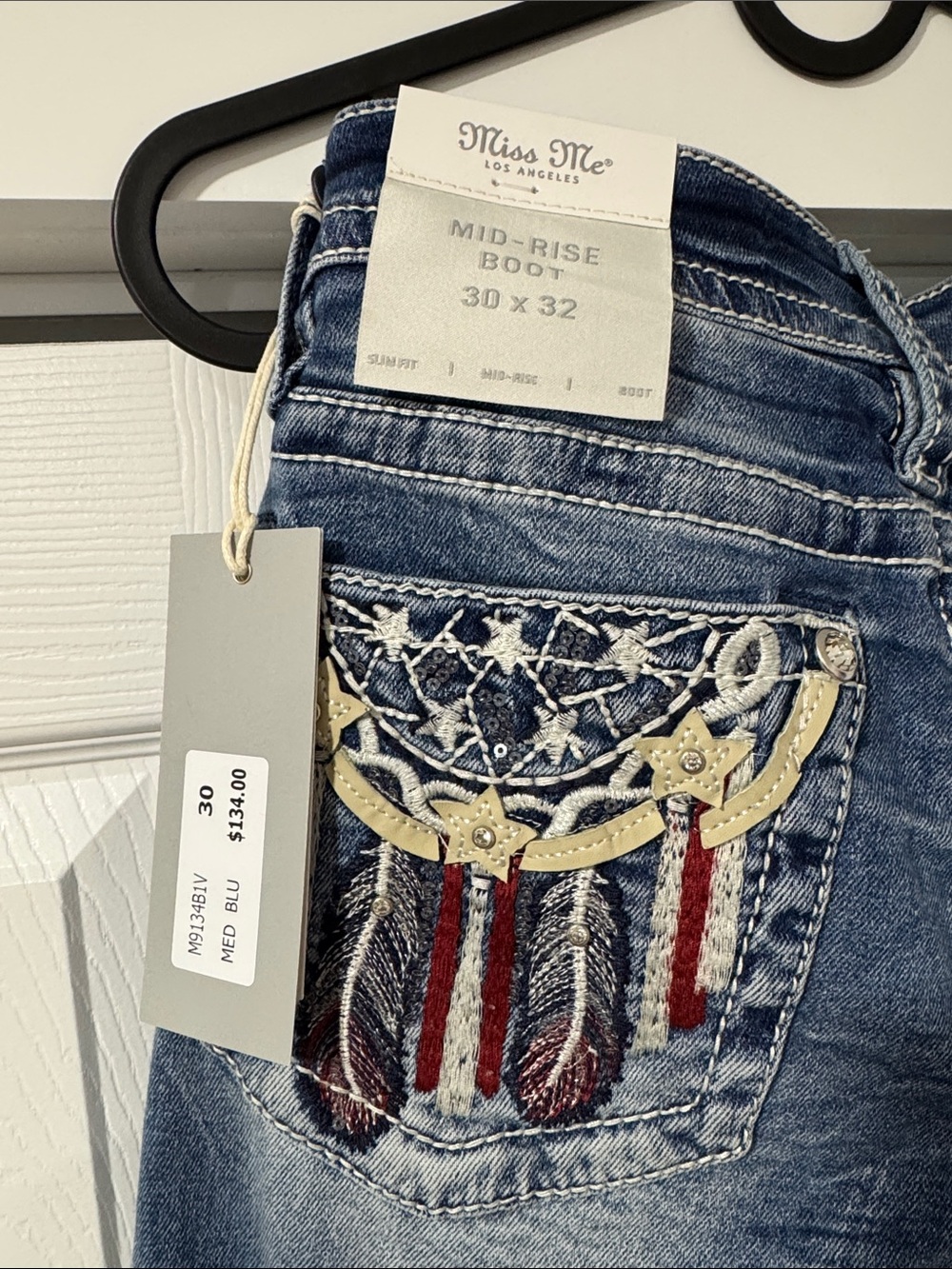 Miss Me Blue Boot Cut Jeans with Red & White Flag Embroidery - Picture 2 of 5
